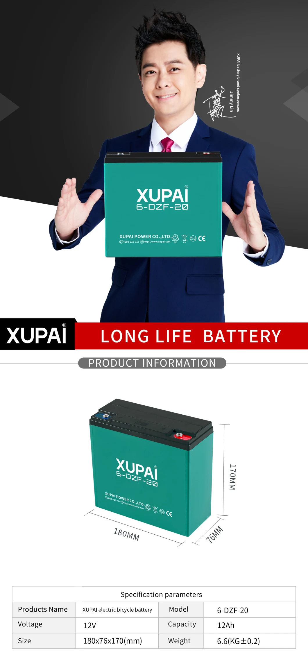 Xupai Brand 6-Dzf-20 Lead Acid Battery for Electric Bicycle